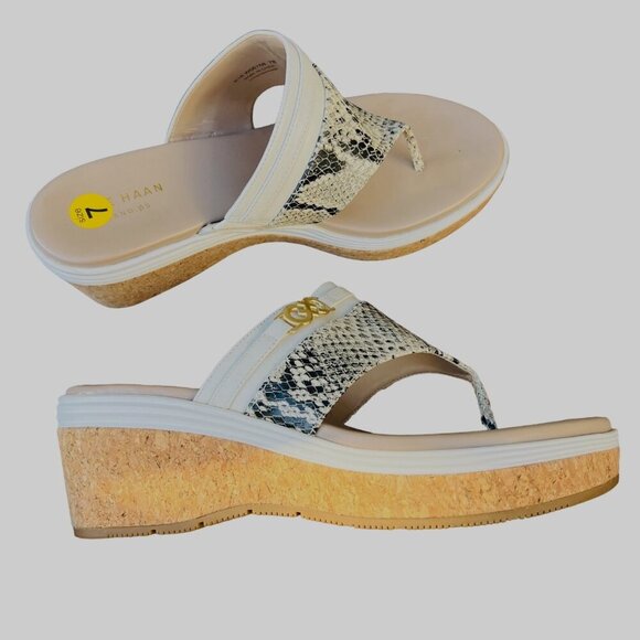 Cole Haan Womens Size 7B Snakeskin Print Wedge Sandals With Cork Sole - Picture 1 of 6